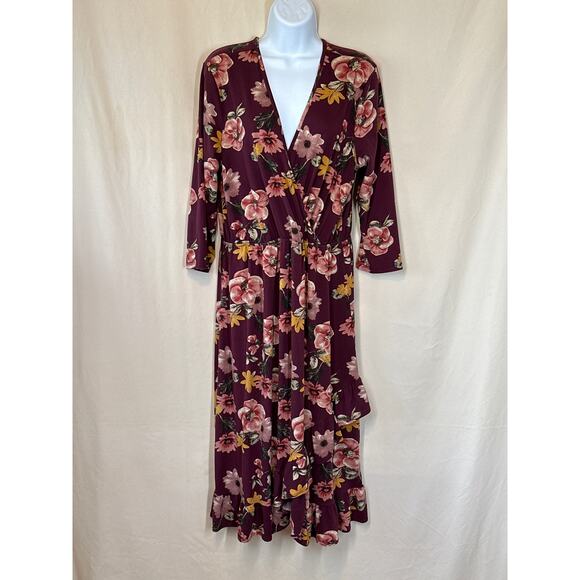 DOWNEAST Dress L Burgundy Wine Fall Fairy Ruffled Floral Cottagecore Faux Wrap - Picture 1 of 13